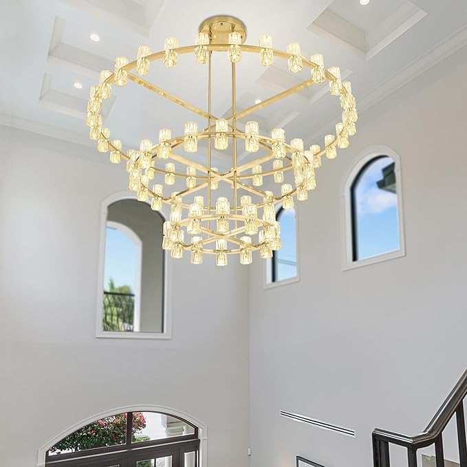 3 Tier Gold Wagon Wheel Chandelier,Extra Large High Ceiling Light,124-Light Round Chandeliers for Foyer Entryway Dining Room Living Room (Dia 59"+40"+24")