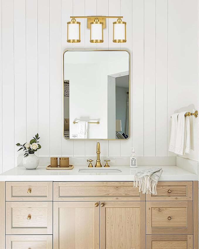 3-Light Brushed Gold Bathroom Light Fixtures with Milk Frosted Glass, 21" Modern Bathroom Vanity Lighting Fixtures Over Mirror with Metal Cage, Wall Sconce Lights for Bath, E26, OS-3014BGW-3W