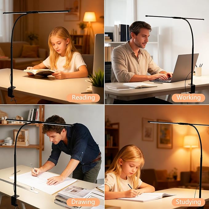 Dual-Head LED Desk Lamp for Office Home, Adjustable Flexible Eye-Caring Desk Light, 5 Modes 10 Brightness Adjustment, USB Adapter Desk Lamp with Clamp-ST-B