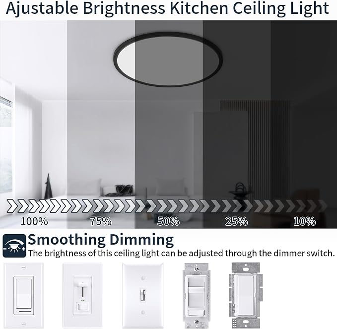 MOONSEA 24-Inch Flush Mount LED Dimmable Ceiling Light Round – 48W | 3000K/4000K/6500K by Toggle Switch, 0.98in Low Profile Ceiling for Bedroom, Kitchen, Brightness Dimmable with Dimmer