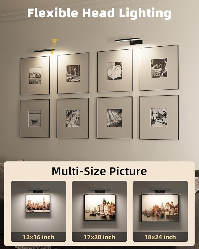 EZVALO Picture Light for Wall, 13'' Black Rechargeable 4800mAh Battery Lights Wireless with IR Remote, Magnetic LED Art Painting Light with 3 Color Temperatures, Display for Gallery, Living Room(2P)