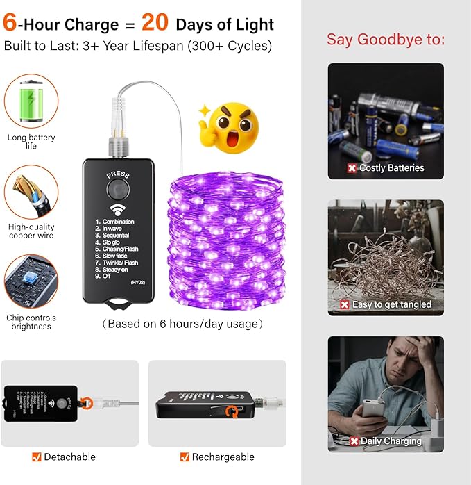 ZSJWL Rechargeable Fairy Lights with Remote，66ft 200 LED Outdoor Battery String Lights with DIY Timer & Light Sensor, Waterproof Dimmable Twinkle Light for Tree Christmas Indoor, Purple