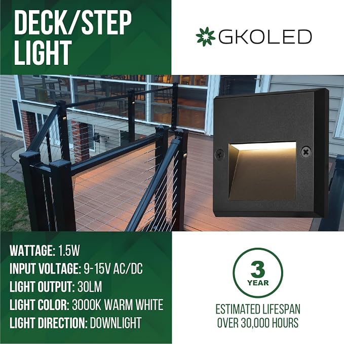 6-Pack Slim Square Low Voltage Deck Post Lights, Outdoor Step Lights, 12V Fence Railing Lighting Fixtures, Die-cast Aluminum, Black, 3000K