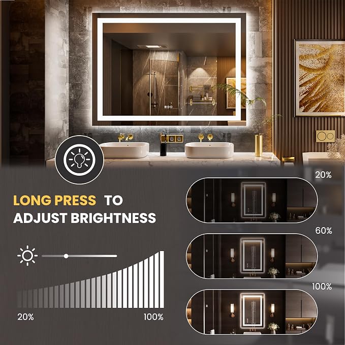 LOAAO 52"X36" LED Bathroom Mirror with Lights | Anti-Fog, Dimmable, 3 Color Temperature, Backlit + Front Lit, Memory Function, Tempered Glass, UL Listed