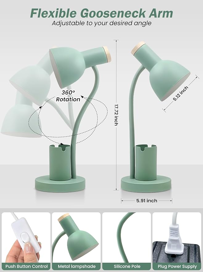 LED Desk Lamp for Home Office, Table Lamp with Pen Holder, 3 Color Modes Reading Light, Eye-Caring Desk Light with Gooseneck, Metal Study Lamp for Dorm Bedside Bedroom (Green Lamp)