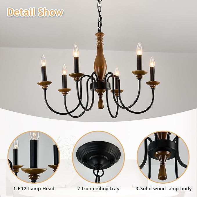 Farmhouse Wood Chandelier for Dining Room Rustic Candle Ceiling Chandelier Black Adjustable Hanging Light Fixture for Kitchen Living Room Foyer Entryway