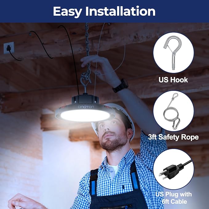 CINOTON 210W UFO LED High Bay Light, Aluminum LED Shop Lights with 31500LM, 5000K Commercial Bay Lighting for Warehouse Garage Workshop Factory, 6' Cable & Safety Rope, ETL Listed 1 Pack