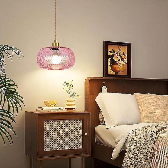 Pink Plug in Pendant Light Hanging Lights with Plug in Cord Boho Hanging Lamp Glass Gold Mid Century Modern Vintage Dimmable Flower Plug in Chandelier Ceiling Fixture for Living Room,Kitchen