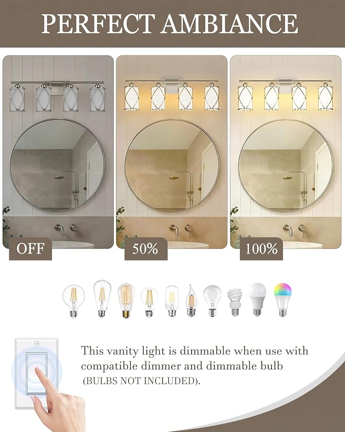 4-Light Brushed Nickel Bathroom Light Fixtures with Milk Frosted Glass, 29" Modern Bathroom Vanity Lighting Fixtures Over Mirror with Metal Cage, Wall Sconce Lights for Bath, E26, CH9176BNW-4W