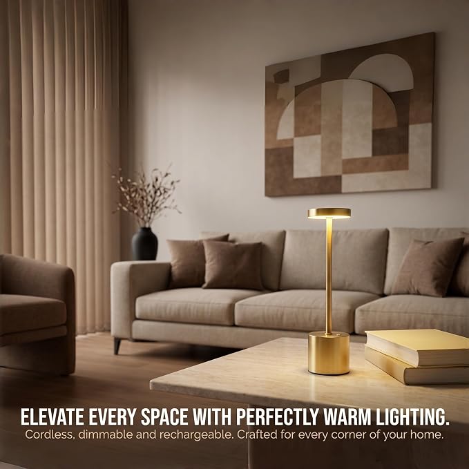 Cordless Table Lamp Set of 2, Gold Rechargeable Table Light | 5000mAh Battery Wireless 3 Color Dimmable Touch Lamp Table Light for Restaurant Dining Patio Outdoor, Home Decor, Puzzle