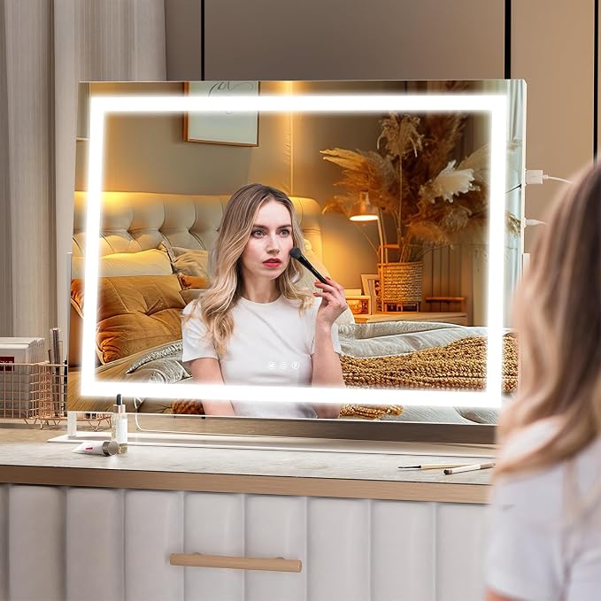 Hasipu Vanity Mirror with Lights, 28" x 20" LED Makeup Mirror, Light up Mirror with 10X Magnification and Phone Holder, USB Charging Port, Smart Touch 3 Colors Dimmable, 360° Rotation (White)