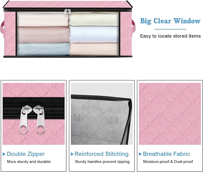 HomeHacks 4-Pack Clothes Organizer Storage Bags, 35L Storage Bins, Pink | Foldable Storage Box Container with Zippers, Clear Window, Reinforced Handles for Closet, Dorm, Pillows, Bedding, Sweater