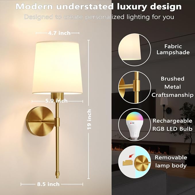 Battery Operated Wall Sconces Set of 2, Wireless Rechargeable Dimmable Wall Light with 5600mAh RGB Bulb and Remote for Bedroom, Living Room, Hallway, Gold, 19in