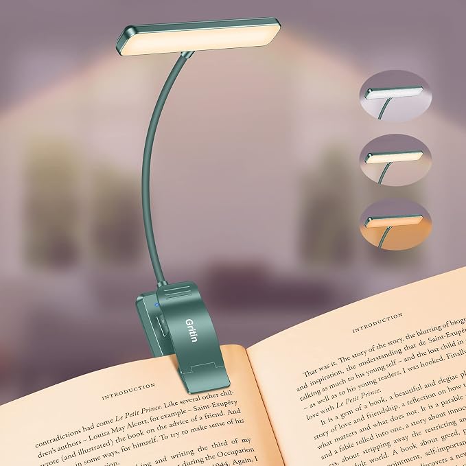 Gritin 19 LED Rechargeable Book Light for Reading in Bed | Eye Caring 3 Color Temps,Stepless Dimming Brightness,Memory Function,90 Hrs Runtime Lightweight Clip on Light-Blackish Green