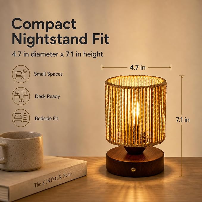 Cordless Rattan Table Lamp, 5000mAh Rechargeable Battery Operated Bedside Lamp with Edison Bulb, Stepless Dimmable Boho Cylinder Desk Light for Bedroom Living Room