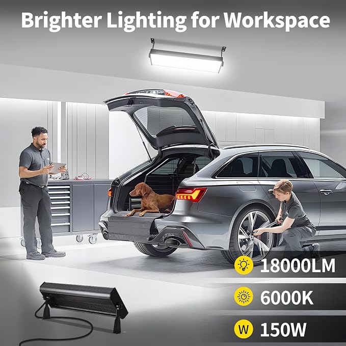 150W 18000LM Shop Light with 9.84FT Cord+Switch, IP66 for Garage Workshop | LED Garage Light Plug in Ultra Brighter, 6000K Waterproof Outdoor Bay Lights for Warehouse Factory Workbench, 1 Pack