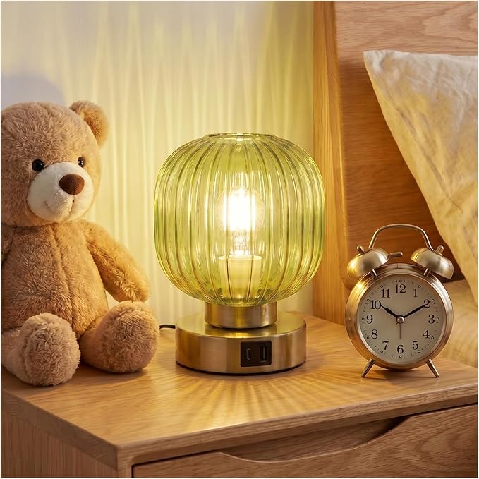 Elenhome Touch Small Table Lamp,Elegant Green Glass Bedside Lamp 3 Way Dimmable with USB C+A Charging Ports - Bedroom Nightstand & Living Room Essential, 4W Bulb Included (Green)