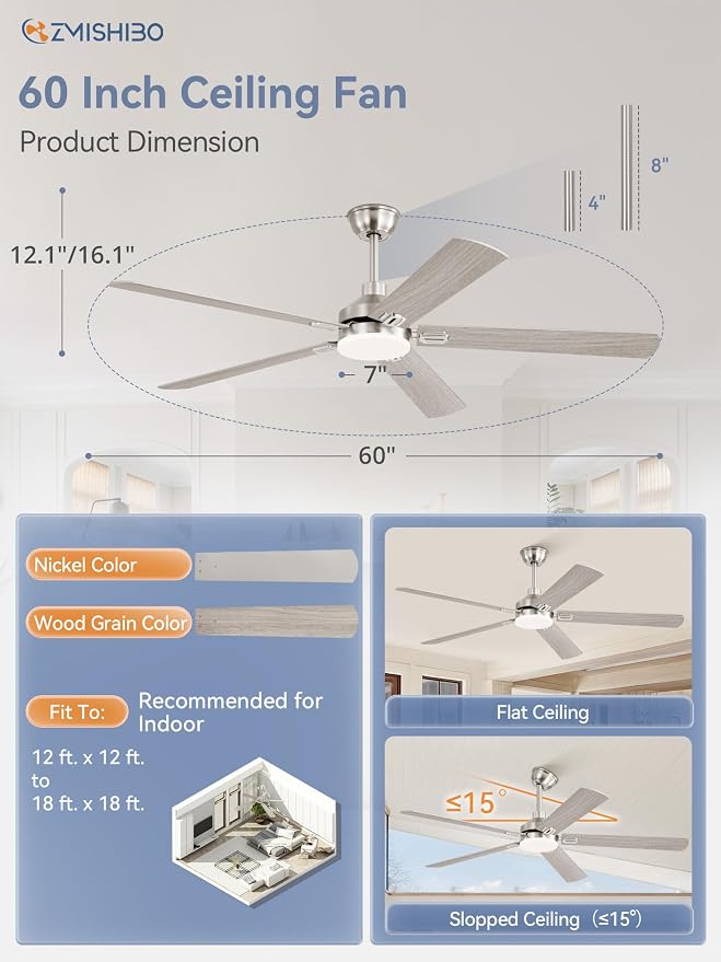 ZMISHIBO 60" Ceiling Fans with Lights and Remote, Nickel Modern for Indoor | Large Size, 3CCT, Downrod Mount, Farmhouse Dual Finish Blades, Quiet&Strong Motor, Memory Function for Bedroom, Living Room