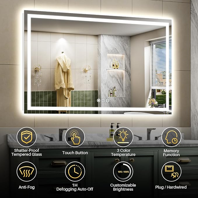 68x36 Inch LED Bathroom Mirror with Lights, Backlit & Front Lit | Anti-fog, 3 Color Dimmable, Memory Function, HD Reflection Tempered Glass, ETL Listed, IP54 Waterproof