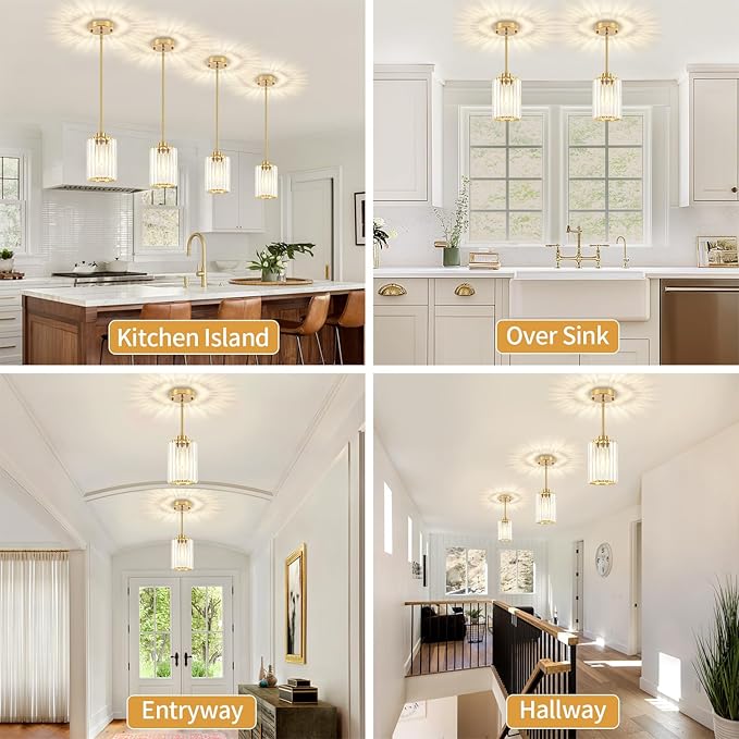 Modern Crystal Pendant Lights Kitchen Island, Brushed Brass Pendant Lighting Over Island Kitchen Hanging Light Fixtures Adjustable Mini Pendant Light for Dining Room Bathroom Entryway Hallway Foyer