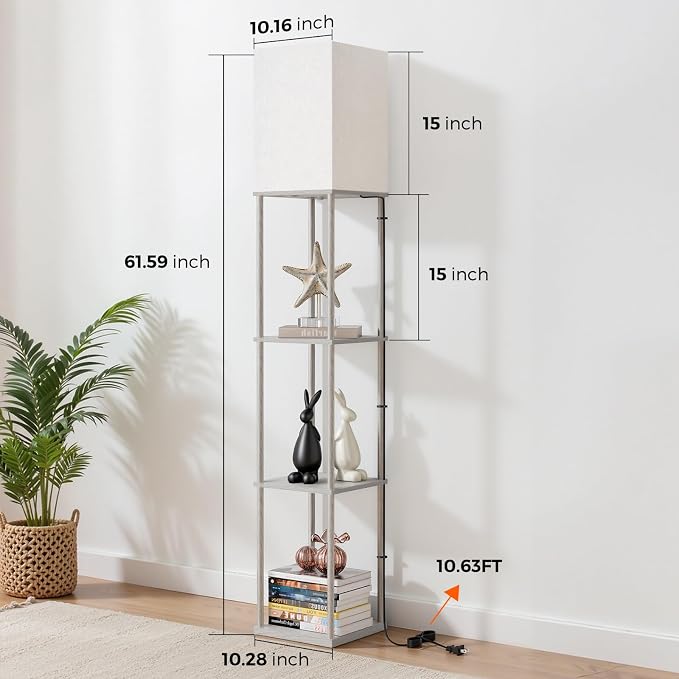 Floor Lamp with Shelves, 3-Tier Square Bookshelf Standing Lamp Dark Grey | 3 Color Temperature Bulb Included, Pull Chain Tall Lamp for Living Room Bedroom Corner Office Apartment Decor