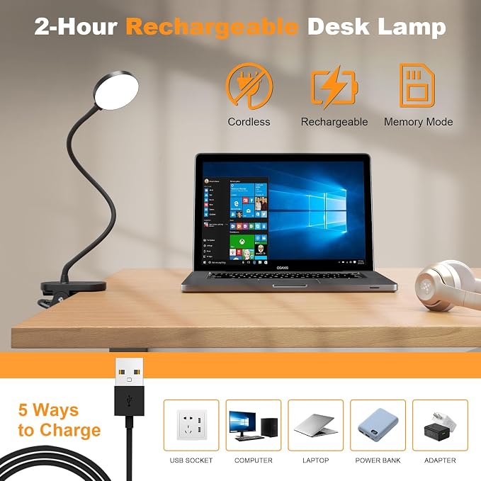 Rechargeable Clip on Light for Bed, 61 LED Cordless Reading Lamp with 3 Color Modes & 10 Brightness Levels, Portable and Flexible Book Light Clamp on Office Desk Bunk Bed Dorm Headboard (Black/3.5'')