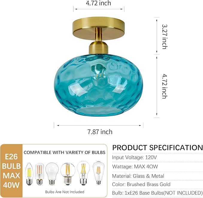 7.9″ Small Blue Semi Flush Mount Ceiling Light ,Blue Hallway Light Fixtures | Art Deco Hammered Glass,Whimsical,Vintage Gold Mid Century MCM Lighting for Closet Cottage Entryway Laundry Room Foyer