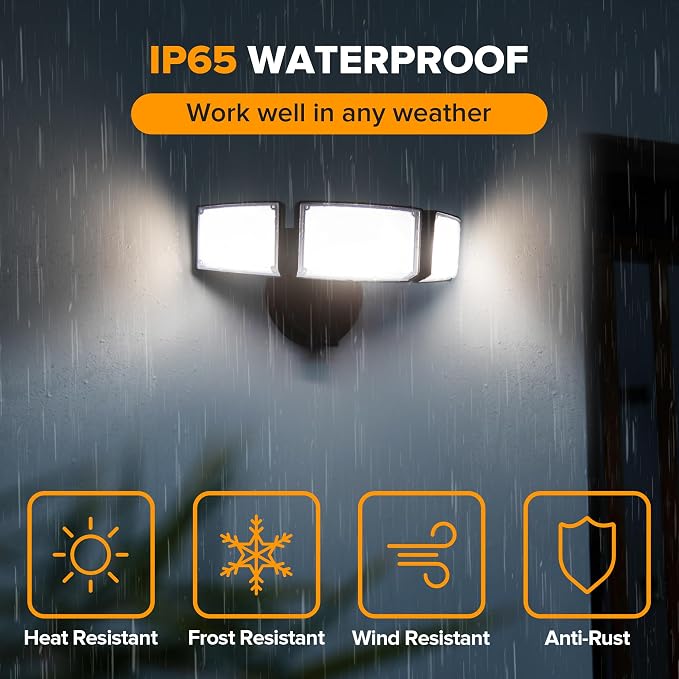 LUTEC 75W 8000 Lumen Floods Light Outdoor, Switch Controlled LED Security Lights with 3 Adjustable Heads, 5000K Daylight, IP65 Waterproof Exterior Flood Light for Garage, Yard, Patio (Black) - 2 Pack