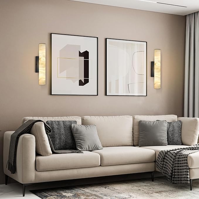 20" Natural Alabaster Wall Sconce, Modern Black Marble Wall Light Dimmable | Spanish Alabaster, Vanity Light, 3000K Warm White Light, Tube, Hardwired, Stone, for Bathroom/Bedroom/Living Room, 1PC
