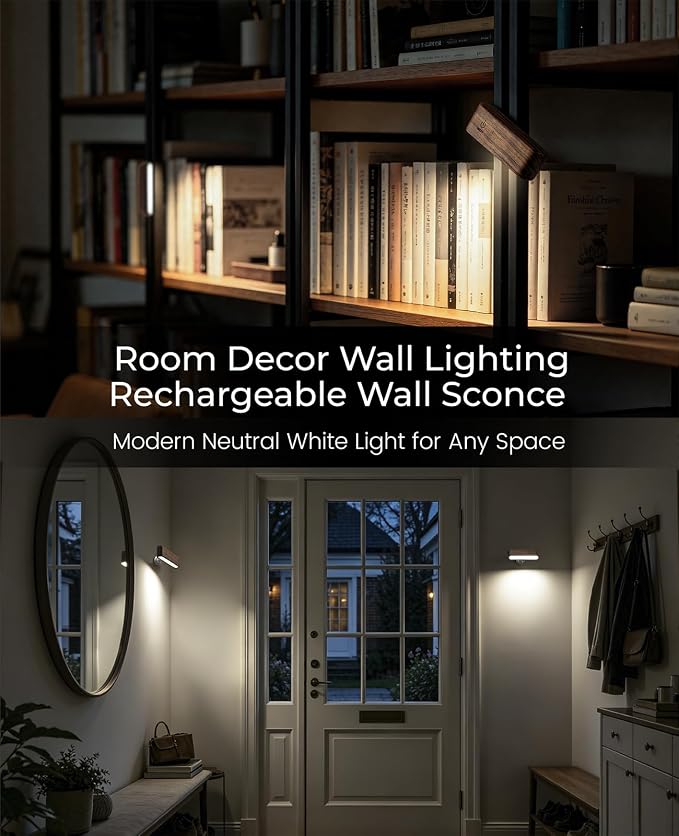 Rechargeable Wall Sconce, Reading Light for Bed, Magnetic Wood Lamp | Bedside Reading, 360° Rotation, Stepless Dimming, 4000K Natural Light, Magnetic Installation for Bedroom Wall Lamps