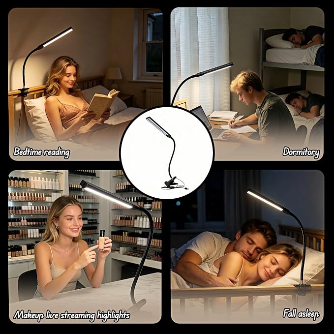 BUBBLE-FLY LED Clip on Reading Light, USB Desk Lamp with 32 LED Eye Protection, 360° Flexible Arm, Dimmable Clamp Light for Bed Headboard Home Office Study 7W Black