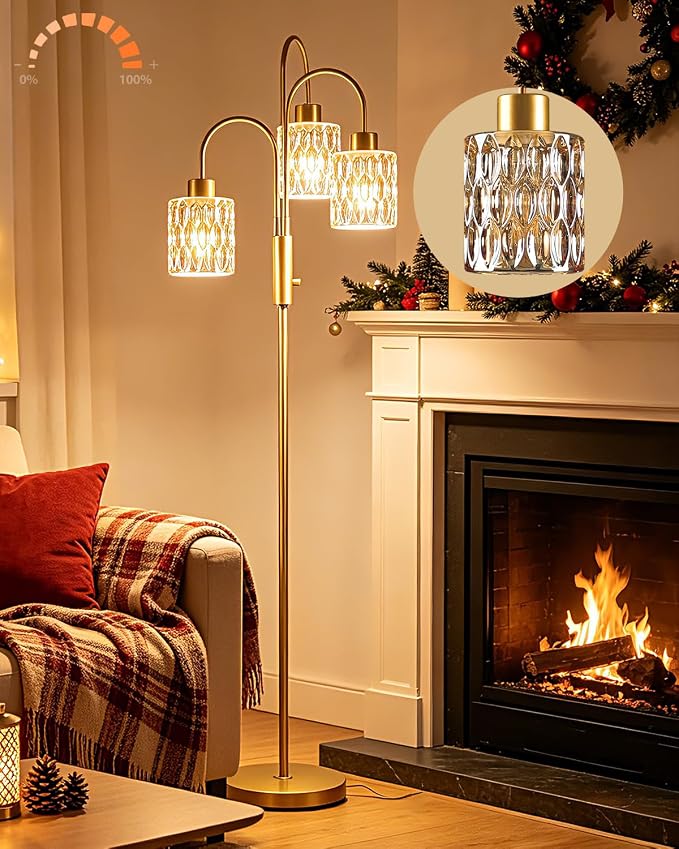 70" Glass Floor Lamp, 3-Light Gold Dimmable Standing Tall Lamp with Amber Ribbed Glass Shades &3PCS 3000K Warm White Bulbs, Modern Tree Pole Lamp for Living Room Bedroom Home Decor