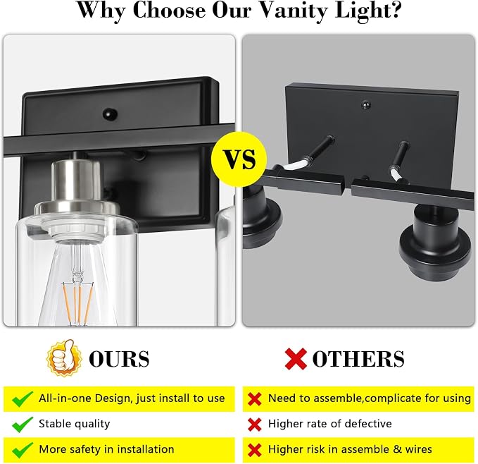 Ascher Bathroom Vanity Light Fixtures, 3 Light Wall Sconces Lighting with Clear Glass Shade, Black and Brushed Nickel Wall Lights for Mirror, Kitchen, Living Room, E26 Base (Bulbs Not Included)
