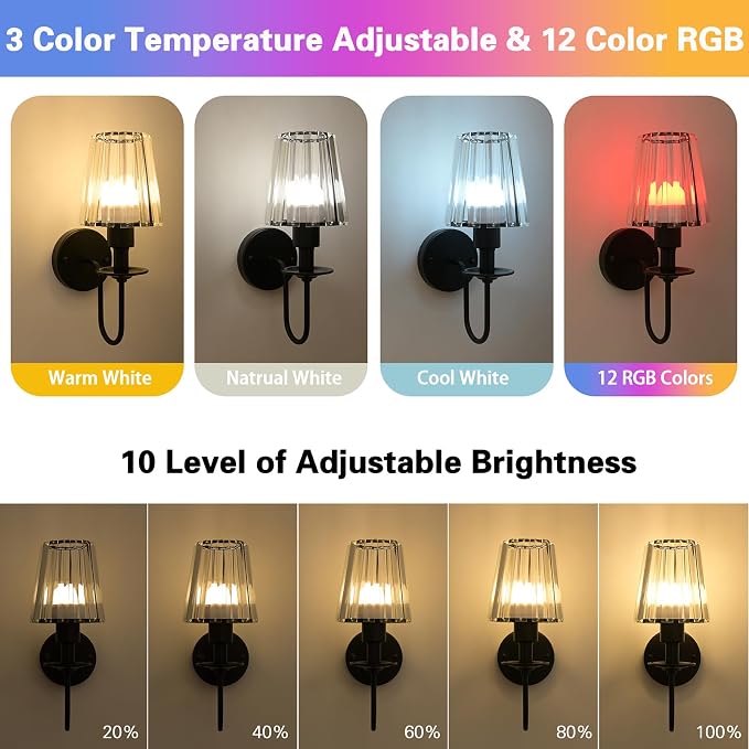 Battery Operated Wall Sconces Set of 2, Black Crystal Wall Lights | 5200mAh rechargeable wall lights with magnetic bulbs, remote control, 15 colors, 10-level dimming and timer for bedrooms