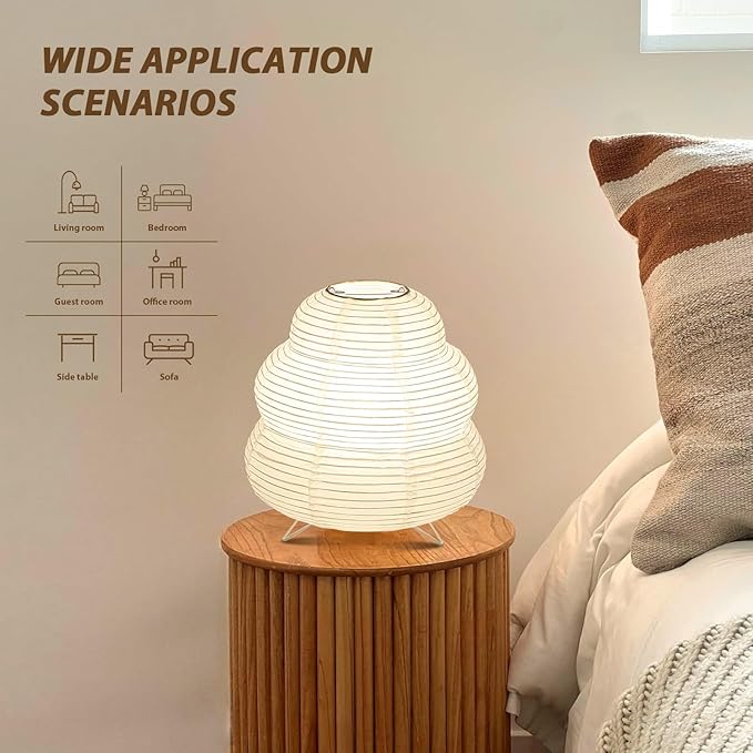 Paper Lantern Lamp, Japanese Paper Table Lamp with 3 Color, Cute Wabi-Sabi Rice Paper Lamp for Desk Bedroom Bedside(Bulb Included)