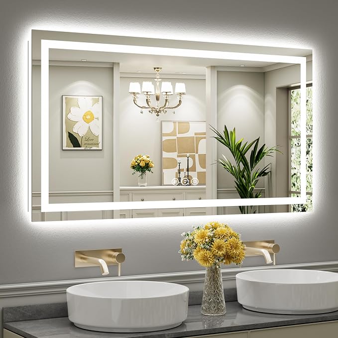 55x30 Inch LED Bathroom Mirror with Lights, Backlit & Front Lit | Anti-fog, 3 Color Dimmable, Memory Function, HD Reflection Tempered Glass, ETL Listed, IP54 Waterproof