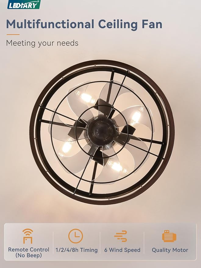 LEDIARY 18 inch Caged Fandelier Ceiling Fan Light with Remote, Walnut | 6 Speed Adjustable,Timing, Quiet & Powerful DC, Small, Farmhouse, Industrial, Enclosed, Bladeless, Bedroom, Kitchen, Downrod