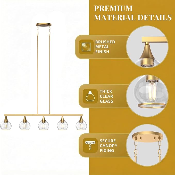Kitchen Island Linear Pendant Light, 5-Light Gold Dining Room Chandelier with Clear Glass Globe Shades, Modern Linear Lighting Fixture Over Table