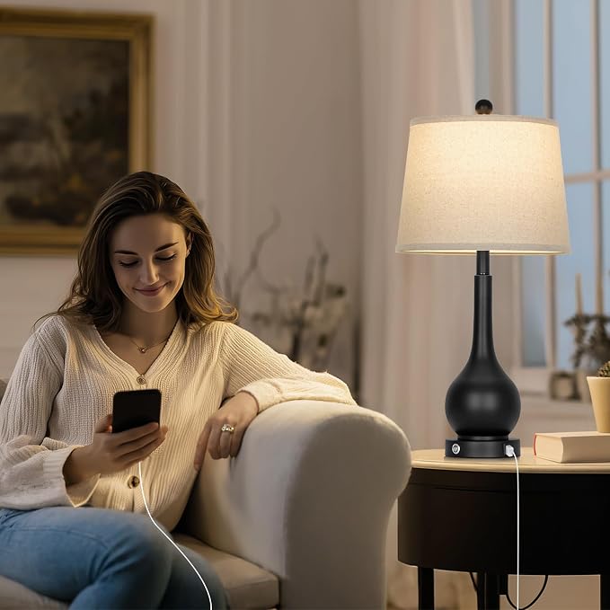 26" Black Table Lamp for Living Room Single, Touch Control Bedroom Lamps for Nightstand, 3-Way Dimmable Bedside Lamp with USB A+C Port (1 Pack)