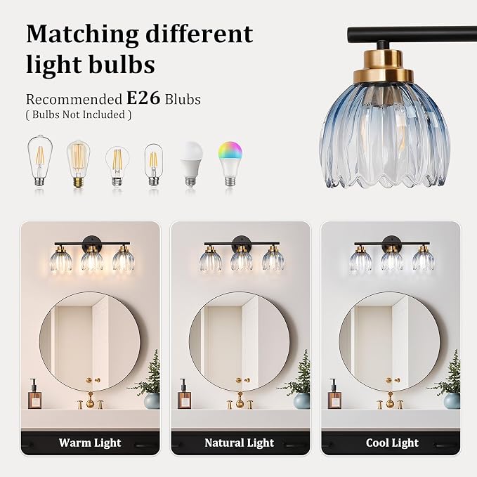 TALOYA Black Gold 3-Light Bathroom Vanity Light with Blue Tulip Glass Shade | Modern Vanity Lighting Fixtures, Bathroom Lights Over Mirror, Wall Mount Mirror Light Fixtures for Bathroom Hallway Bedroom