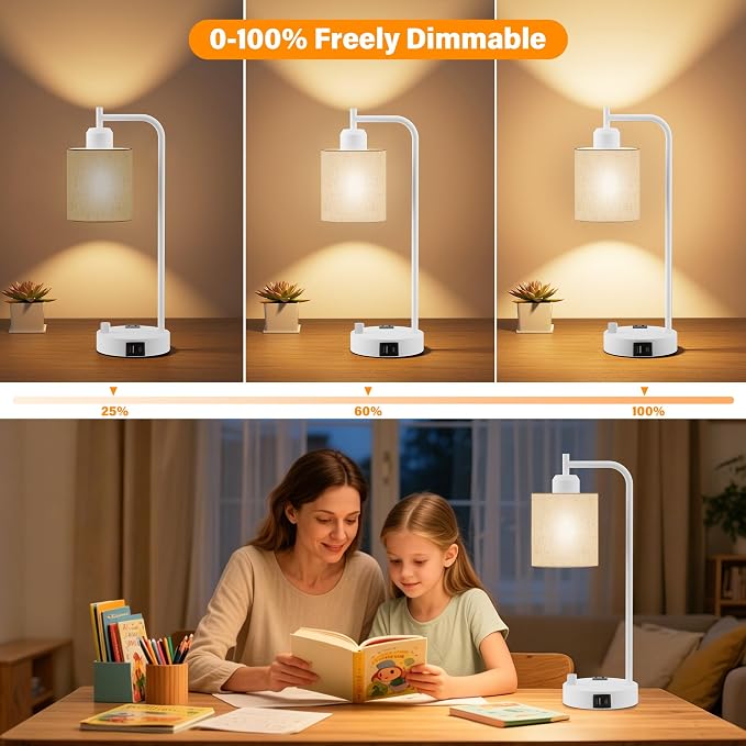 Industrial Table Lamps with Linen Shade, Set of 2 Fully Dimmable Bedside Lamps with USB A+C Ports and Outlet, White Nightstand Desk Lamps for Bedrooms Living Room Office, 2 LED Bulbs Included