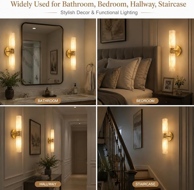 Alabaster Wall Sconces Set of 2, 20in 3-Color Changing Spanish Natural Marble Wall Sconce, Hardwired Brass Gold LED Wall Fixture for Bathroom, Bedroom, Living Room, Hallway, Staircase