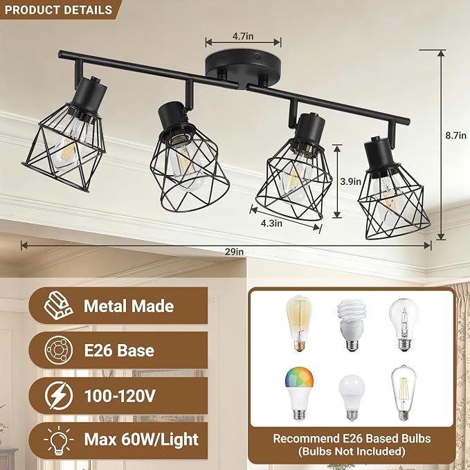 LOUSACE 4-Light Ceiling Track Lighting Fixtures, Multi-Directional Flush Mount Ceiling Spot Lights, Rotatable Black Track Light with Metal Cage for Dining Room, Living Room, E26 Base