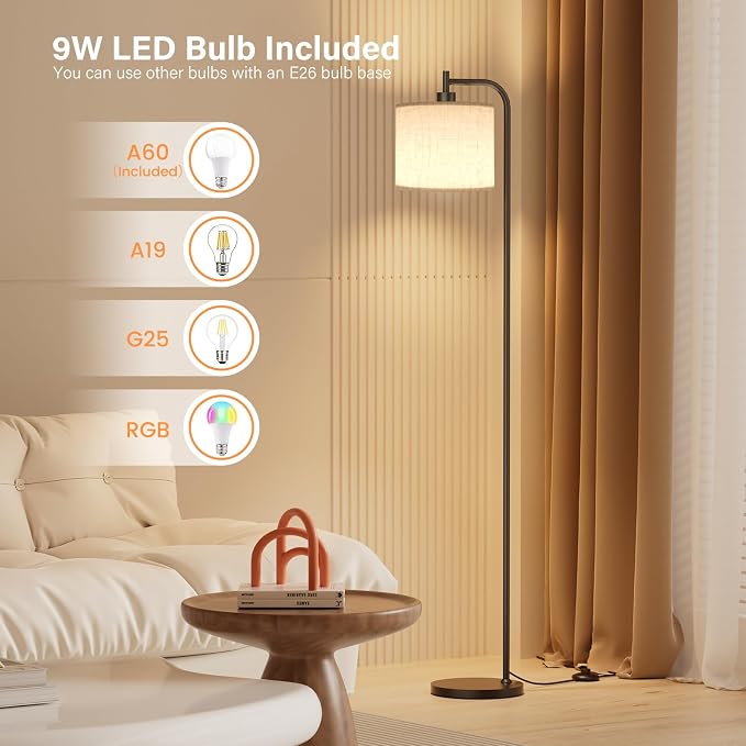Floor Lamp for Living Room, Tall Standing Lamp with Linen Shade | Dimmable with Remote Control, 3 Color Temperatures, 9W LED Bulb Included, Ideal for Bedroom, Office and Reading Corner