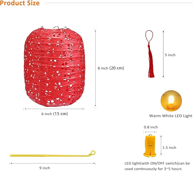 10Pack Paper Lanterns Chinese Lunar New Year Decorations 2026 Japanese Hanging Paper Lanterns with LED Lights Sticks Tassels 6.3Inch for Spring Festival Valentine's Day Wedding Asian Home Party Decor