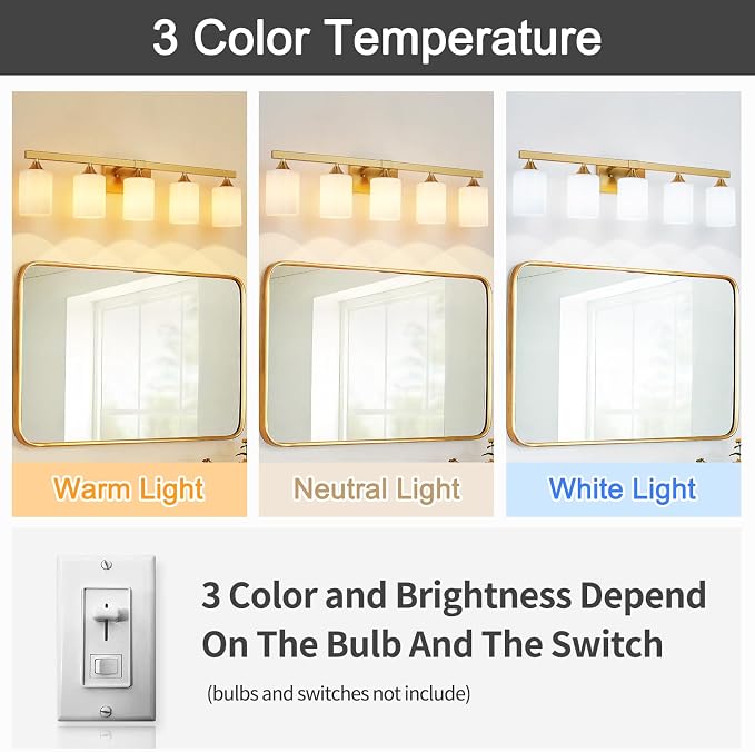 ZHU YAN Gold Vanity Lights for Bathroom, 5-Light Bathroom Vanity Light Fixtures, Milky White Glass Shades Wall Lamp,E26 Socket, for Mirror Living Room Bedroom Standard