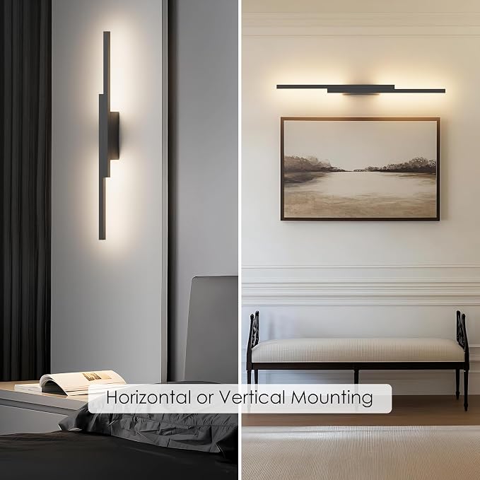 Aipsun Black Wall Sconces Set of Two Battery Operated Wall Sconces 3000K-6000K Dimmable LED Wireless Wall Lights for Living Room,Bedroom,10,000mAh,23.6Inch (2 Pack)