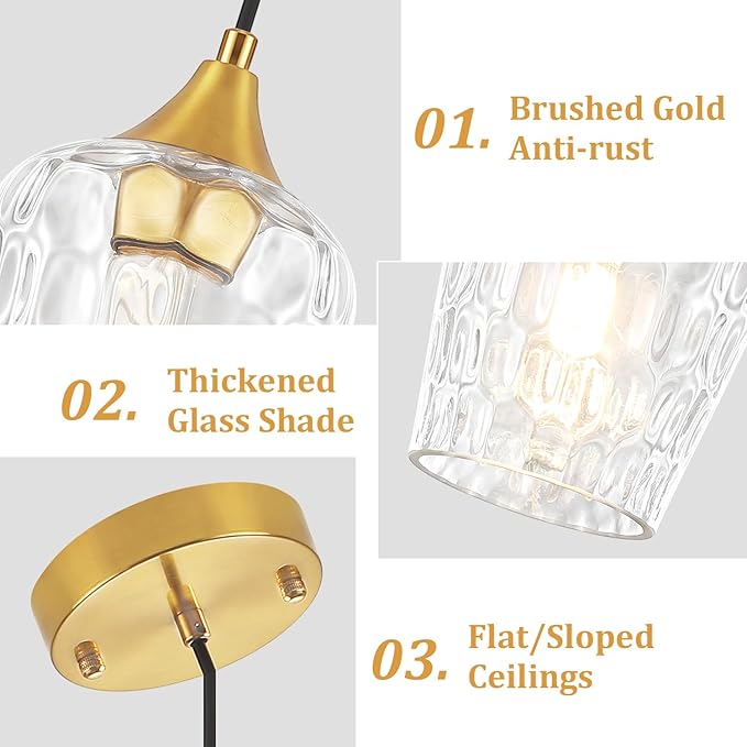 3 Pack Gold Pendant Lights Kitchen Island, Modern Hammered Glass Pendant Lighting Over Island, Hanging Kitchen Light Fixtures Over Sink Adjustable Mini Pendant Light for Bathroom Hallway Dining Room
