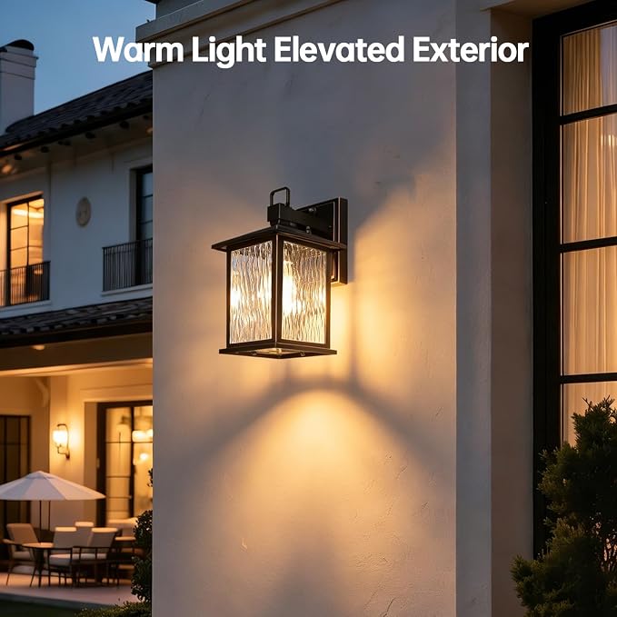 Dusk to Dawn Porch Light, Oil-Rubbed Bronze Outdoor Light Fixture | 2-Pack Outdoor Wall Light with Water Ripple Glass, Hardwired Aluminum Outside Wall Lantern, E26 Socket, Bulb Not Included