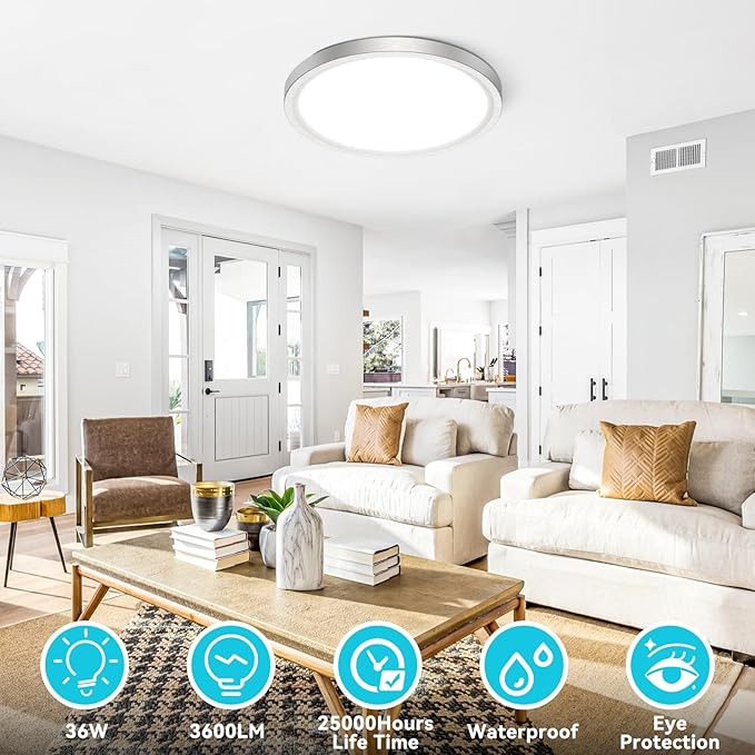 libtit 16 inch Flush Mount LED Ceiling Light Fixture, 3000K 4000K 6500K Adjustable, 36W 3200lm Brushed Nickel Satin Round Ceiling Lamp for Bathroom Shower Hallway Kitchen